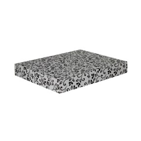 Dárková krabice na košile 380x285x50/50 mm, šedá se vzorem na víku, černé lístky