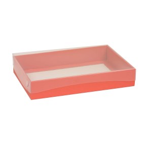 Dárková krabice s průhledným víkem 300x200x50/35 mm, korálová