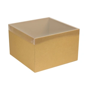 Dárková krabice s průhledným víkem 300x300x200/35 mm, hnědá - kraftová