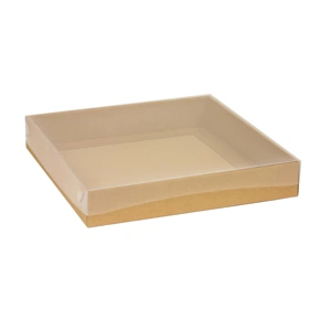 Dárková krabice s průhledným víkem 300x300x50/35 mm, hnědá - kraftová