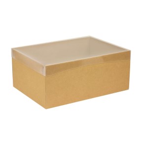 Dárková krabice s průhledným víkem 350x250x150/35 mm, hnědá - kraftová