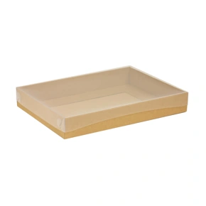 Dárková krabice s průhledným víkem 350x250x50/35 mm, hnědá - kraftová