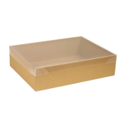 Dárková krabice s průhledným víkem 400x300x100/35 mm, hnědá - kraftová