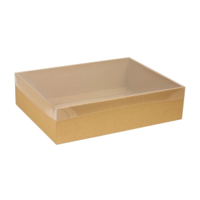 Dárková krabice s průhledným víkem 400x300x100/35 mm, hnědá - kraftová
