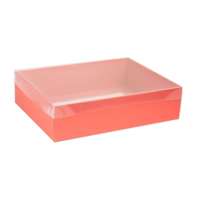 Dárková krabice s průhledným víkem 400x300x100/35 mm, korálová