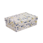 Dárková krabice s víkem 300x200x100/40 mm, VZOR - KOSTKY modrá/žlutá