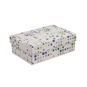 Dárková krabice s víkem 300x200x100/40 mm, VZOR - KOSTKY zelená/modrá