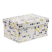Dárková krabice s víkem 300x200x150/40 mm, VZOR - KOSTKY modrá/žlutá