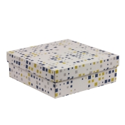 Dárková krabice s víkem 300x300x100/40 mm, VZOR - KOSTKY modrá/žlutá