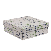 Dárková krabice s víkem 300x300x100/40 mm, VZOR - KOSTKY zelená/modrá