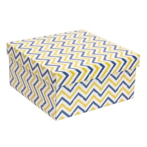 Dárková krabice s víkem 300x300x150/40 mm, VZOR - CIK CAK modrá/žlutá