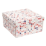 Dárková krabice s víkem 300x300x150/40 mm, VZOR - KOSTKY fialová/korálová