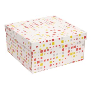 Dárková krabice s víkem 300x300x150/40 mm, VZOR - KOSTKY korálová/žlutá