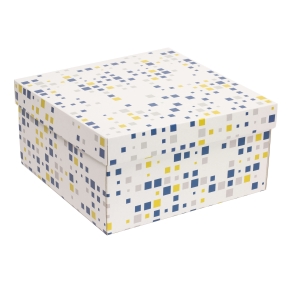Dárková krabice s víkem 300x300x150/40 mm, VZOR - KOSTKY modrá/žlutá