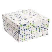 Dárková krabice s víkem 300x300x150/40 mm, VZOR - KOSTKY zelená/modrá