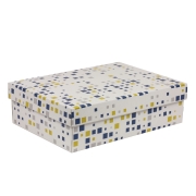 Dárková krabice s víkem 350x250x100/40 mm, VZOR - KOSTKY modrá/žlutá