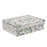 Dárková krabice s víkem 350x250x100/40 mm, VZOR - KOSTKY zelená/modrá