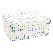 Dárková krabice s víkem 350x250x150/40 mm, VZOR - KOSTKY zelená/modrá
