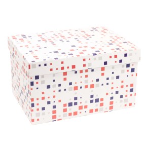 Dárková krabice s víkem 350x250x200/40 mm, VZOR - KOSTKY fialová/korálová