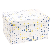 Dárková krabice s víkem 350x250x200/40 mm, VZOR - KOSTKY modrá/žlutá