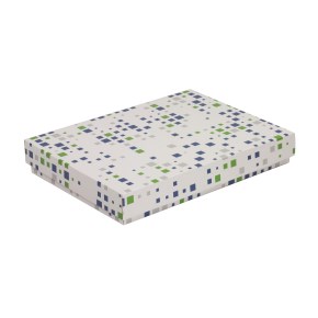 Dárková krabice s víkem 350x250x50/40 mm, VZOR - KOSTKY zelená/modrá
