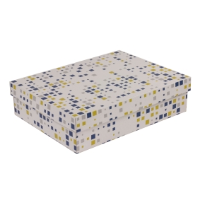 Dárková krabice s víkem 400x300x100/40 mm, VZOR - KOSTKY modrá/žlutá
