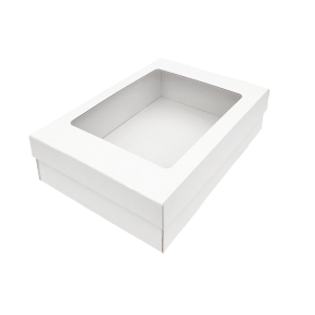 Dárková krabička 330x230x90/40 mm, dno+víko s průhledným okénkem, bílá