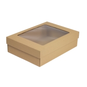 Dárková krabička 330x230x90/40 mm, dno+víko s průhledným okénkem, kraftová - hnědá