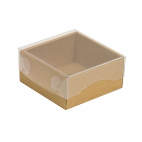 Dárková krabička s průhledným víkem 100x100x50/35 mm, kraftová - hnědá