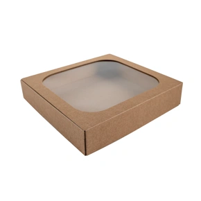 Dárková krabička s průhledným víkem 200x195x40 mm, kraftová - hnědá