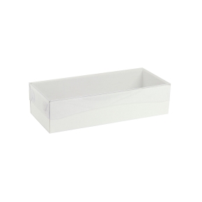 Dárková krabička s průhledným víkem 250x100x60/35 mm, bílá mírný lesk