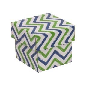Dárková krabička s víkem 100x100x100/40 mm, VZOR - CIK CAK zelená/modrá
