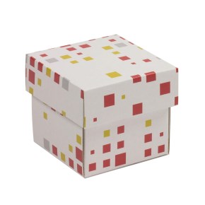 Dárková krabička s víkem 100x100x100/40 mm, VZOR - KOSTKY korálová/žlutá