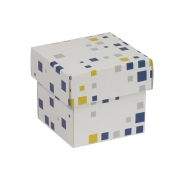 Dárková krabička s víkem 100x100x100/40 mm, VZOR - KOSTKY modrá/žlutá Dárková krabička s víkem 100x100x100/40 mm, VZOR - KOSTKY modrá/žlutá