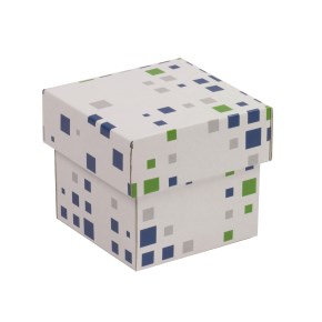 Dárková krabička s víkem 100x100x100/40 mm, VZOR - KOSTKY zelená/modrá