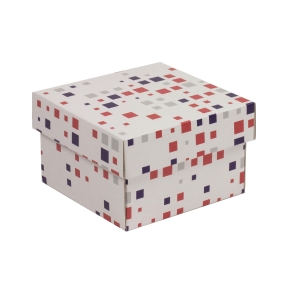 Dárková krabička s víkem 150x150x100/40 mm, VZOR - KOSTKY fialová/korálová