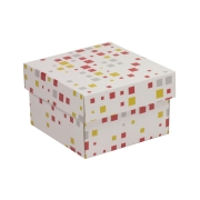 Dárková krabička s víkem 150x150x100/40 mm, VZOR - KOSTKY korálová/žlutá Dárková krabička s víkem 150x150x100/40 mm, VZOR - KOSTKY korálová/žlutá