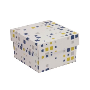 Dárková krabička s víkem 150x150x100/40 mm, VZOR - KOSTKY modrá/žlutá