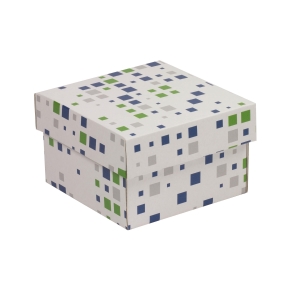 Dárková krabička s víkem 150x150x100/40 mm, VZOR - KOSTKY zelená/modrá