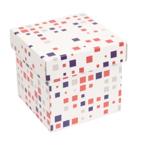 Dárková krabička s víkem 150x150x150/40 mm, VZOR - KOSTKY fialová/korálová