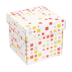 Dárková krabička s víkem 150x150x150/40 mm, VZOR - KOSTKY korálová/žlutá