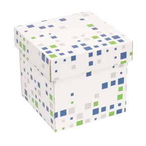 Dárková krabička s víkem 150x150x150/40 mm, VZOR - KOSTKY zelená/modrá