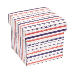 Dárková krabička s víkem 150x150x150/40 mm, VZOR - PRUHY fialová/korálová