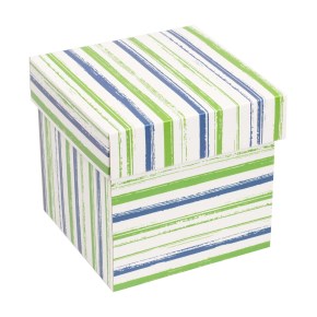 Dárková krabička s víkem 150x150x150/40 mm, VZOR - PRUHY zelená/modrá