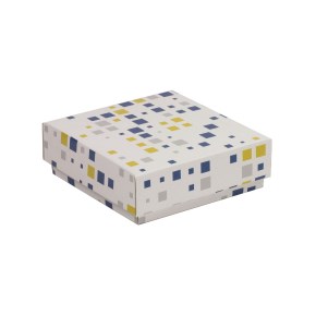 Dárková krabička s víkem 150x150x50/40 mm, VZOR - KOSTKY modrá/žlutá