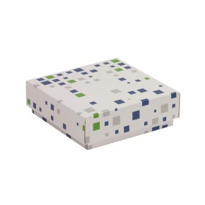 Dárková krabička s víkem 150x150x50/40 mm, VZOR - KOSTKY zelená/modrá