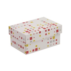 Dárková krabička s víkem 200x125x100/40 mm, VZOR - KOSTKY korálová/žlutá
