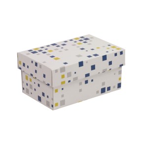 Dárková krabička s víkem 200x125x100/40 mm, VZOR - KOSTKY modrá/žlutá