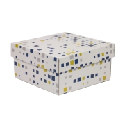 Dárková krabička s víkem 200x200x100/40 mm, VZOR - KOSTKY modrá/žlutá