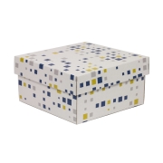 Dárková krabička s víkem 200x200x100/40 mm, VZOR - KOSTKY modrá/žlutá Dárková krabička s víkem 200x200x100/40 mm, VZOR - KOSTKY modrá/žlutá